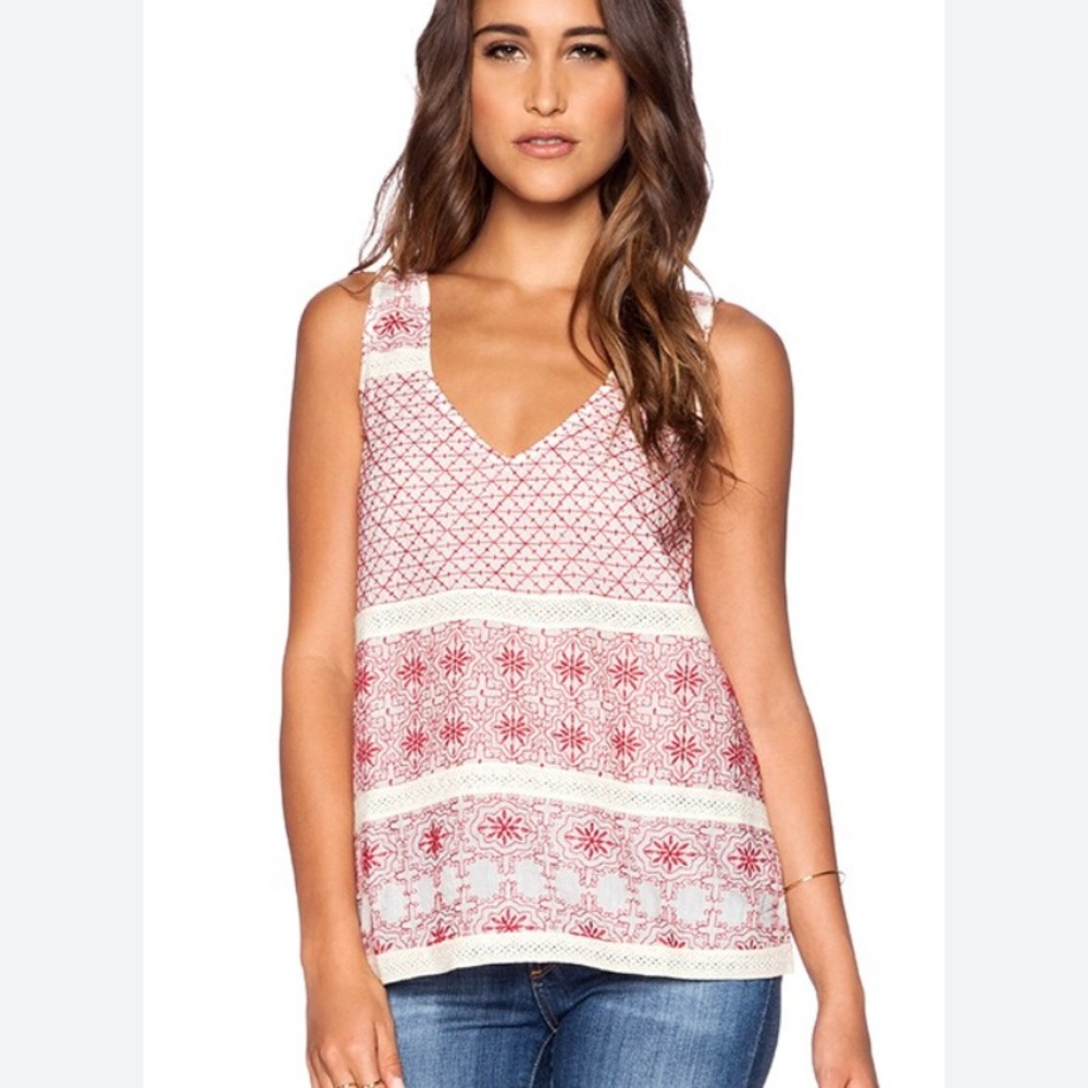 Velvet by Graham and‎ Spencer Cream Tank with Red Embroidery Sz Small